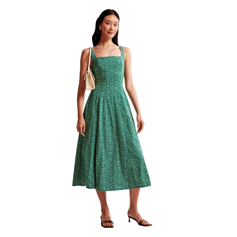 Abercrombie A&F Mila Fit Flare Stretch Midi Dress Green Ditsy Floral NWOT MP